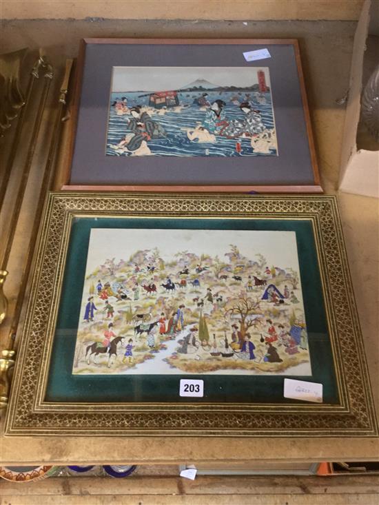 Persian framed miniature painting and a Japanese woodblock print